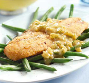 Gebakken pangasius met mosterdsaus